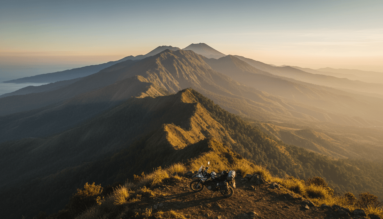 Motorcycle overlooking vast Indonesian mountain landscape at sunrise