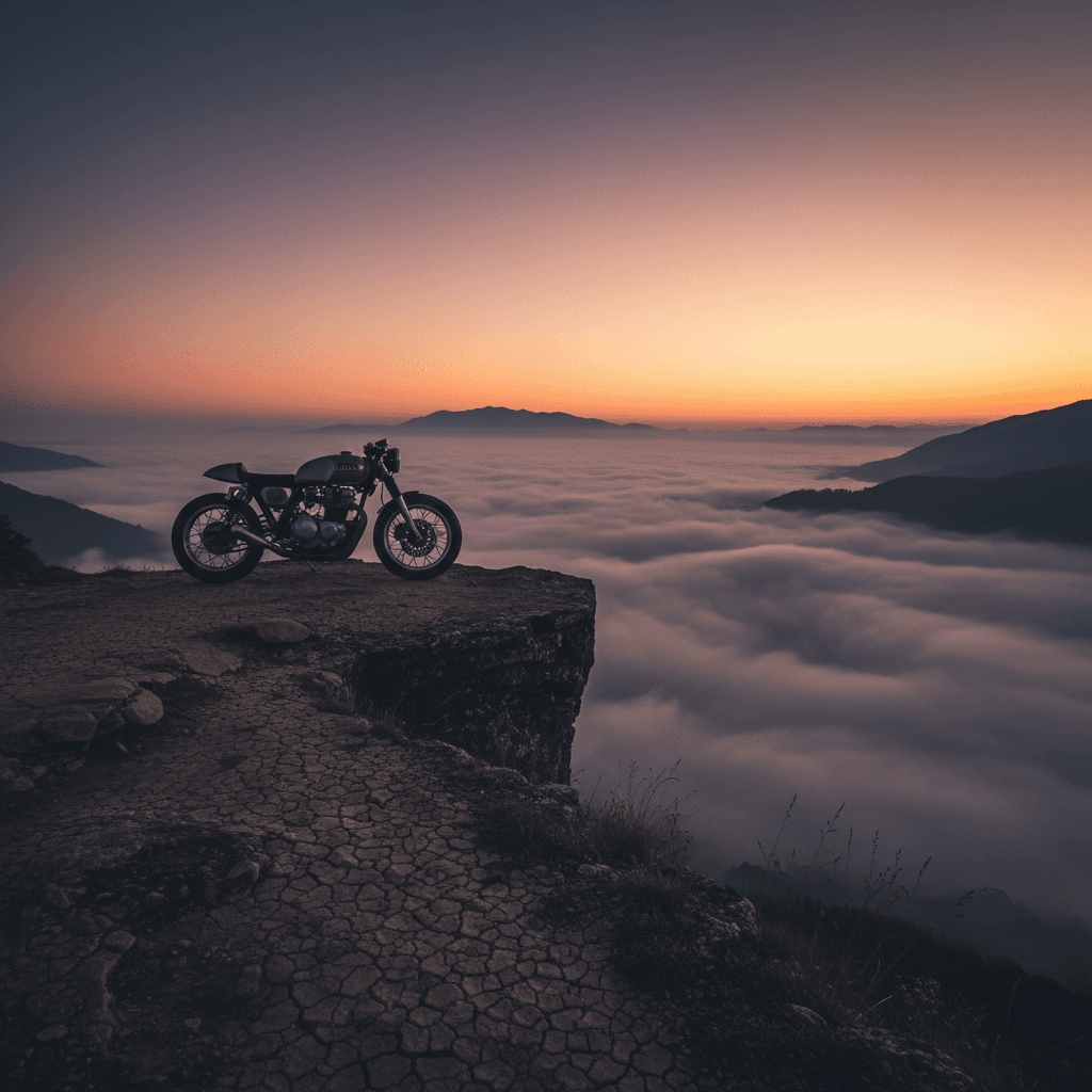 Motorcycle overlooking misty valley landscape