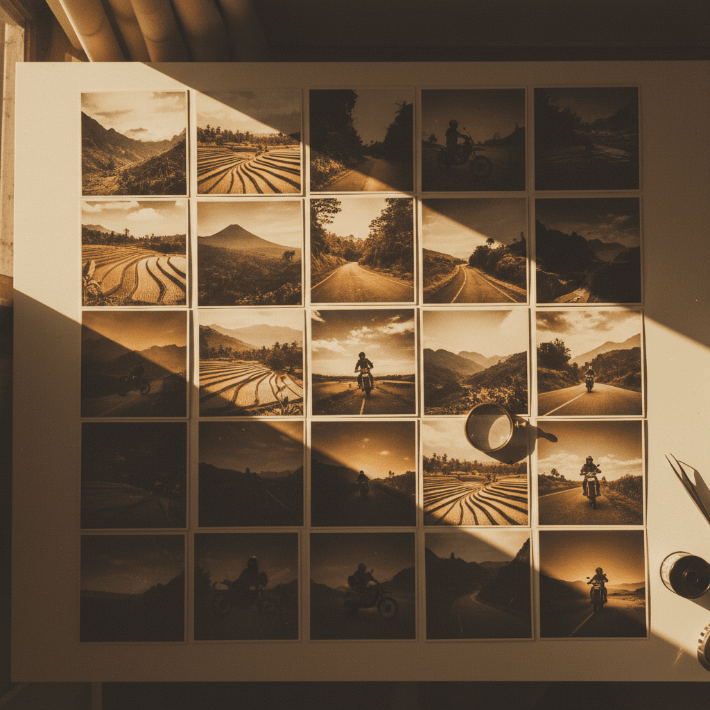 Curated travel photographs arranged on light table