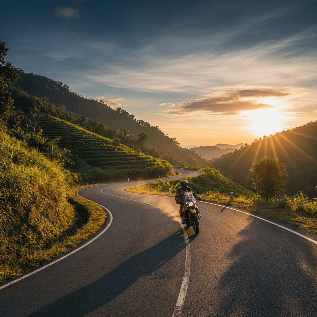 Motorcyclist riding through mountain pass at golden hour