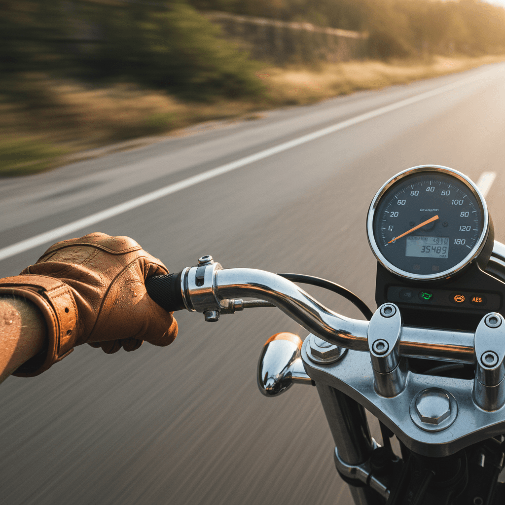 Rider's hands on motorcycle handlebars during journey