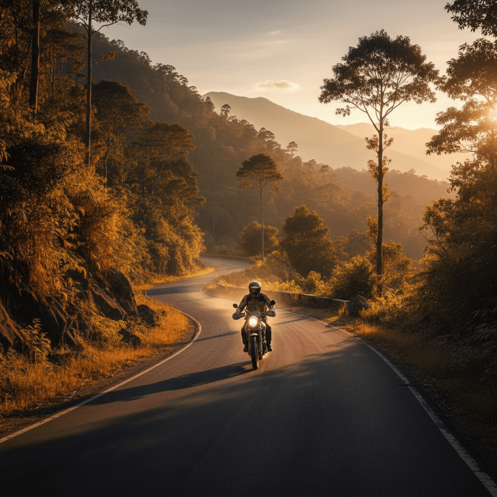 Motorcycle rider on winding mountain road