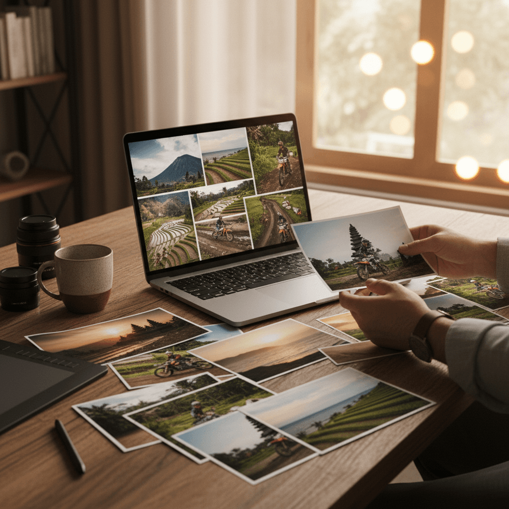 Photographer reviewing and curating edited adventure photos at workspace with natural lighting