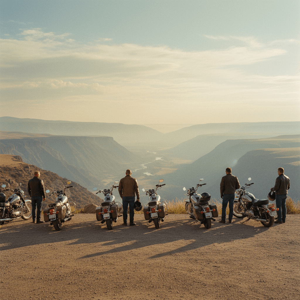 Group of riders gathered at scenic overlook point