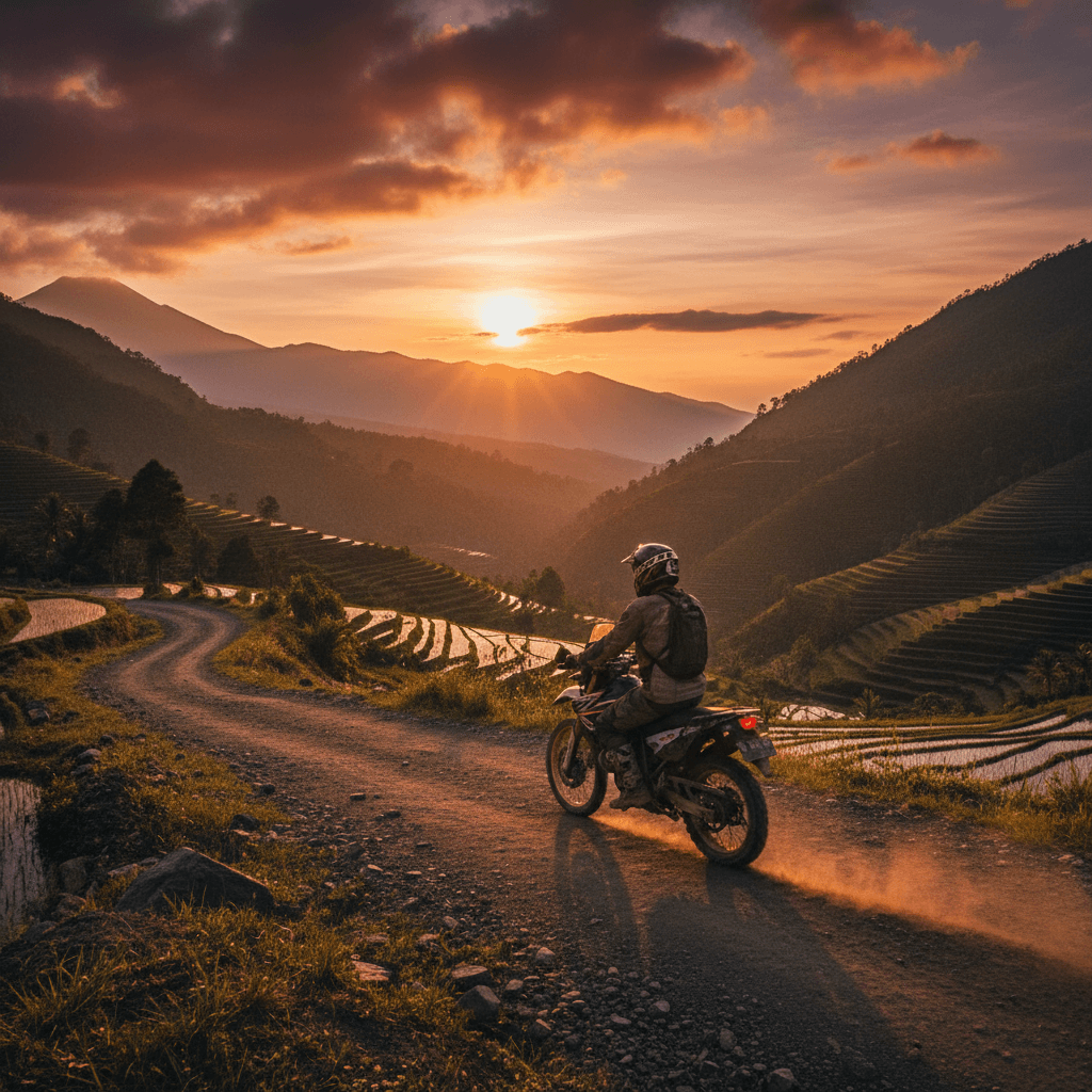 Motorcyclist riding through Indonesian mountain landscape at sunset