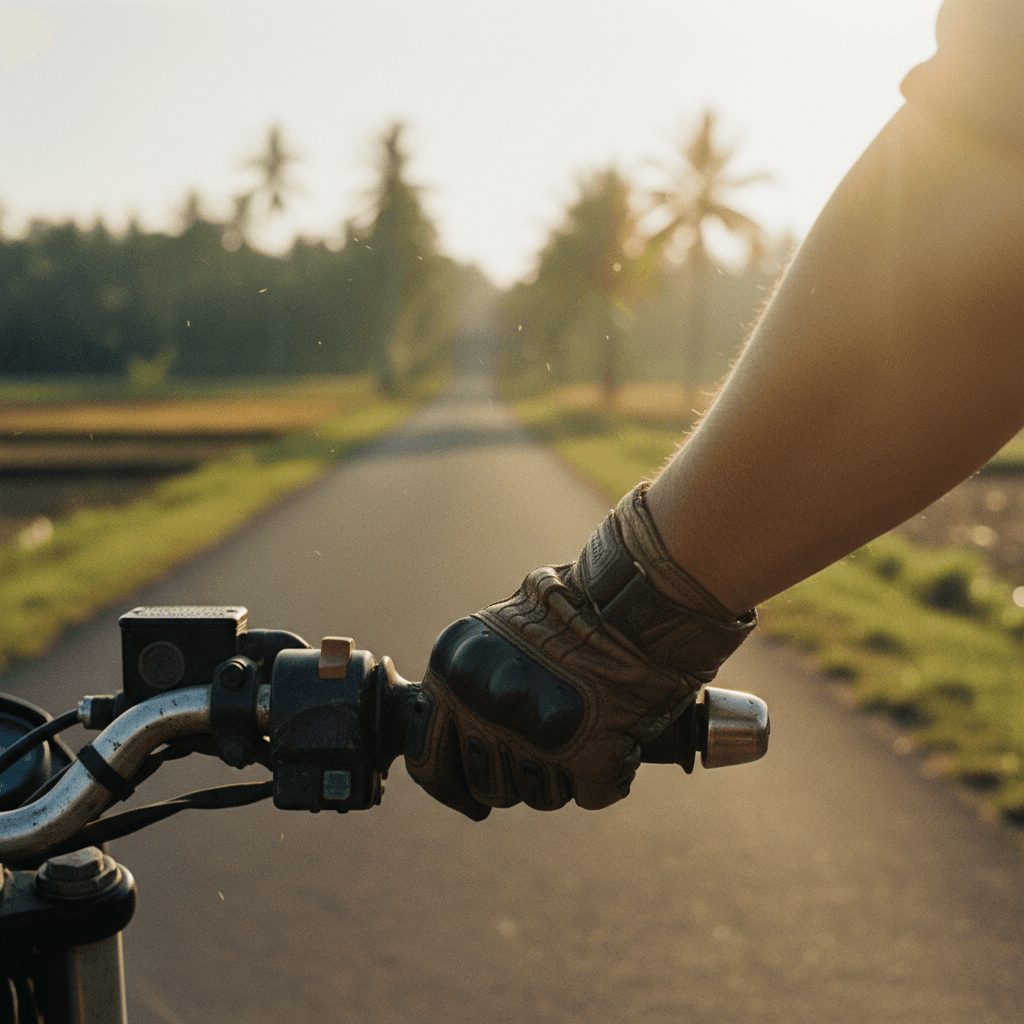 Motorcyclist hands on handlebars during adventure ride