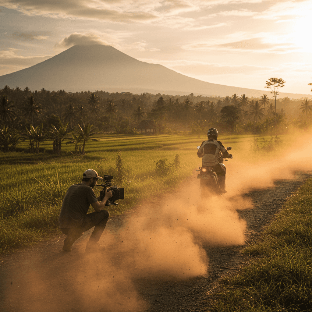 Filmmaker capturing motorcycle rider footage during golden hour in Indonesian landscape