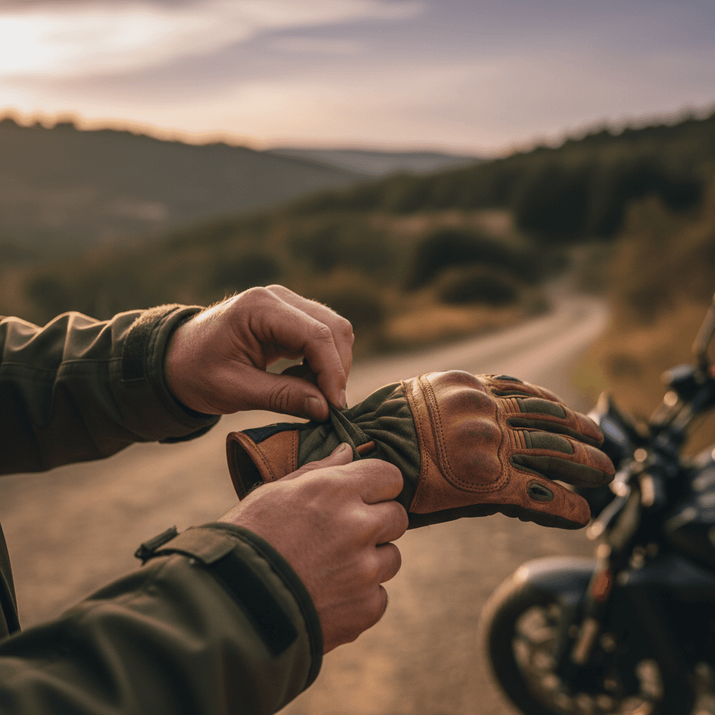 Hands securing motorcycle gear before ride