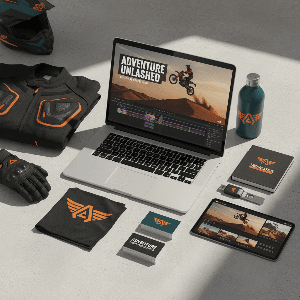 Laptop displaying edited adventure content with branded merchandise