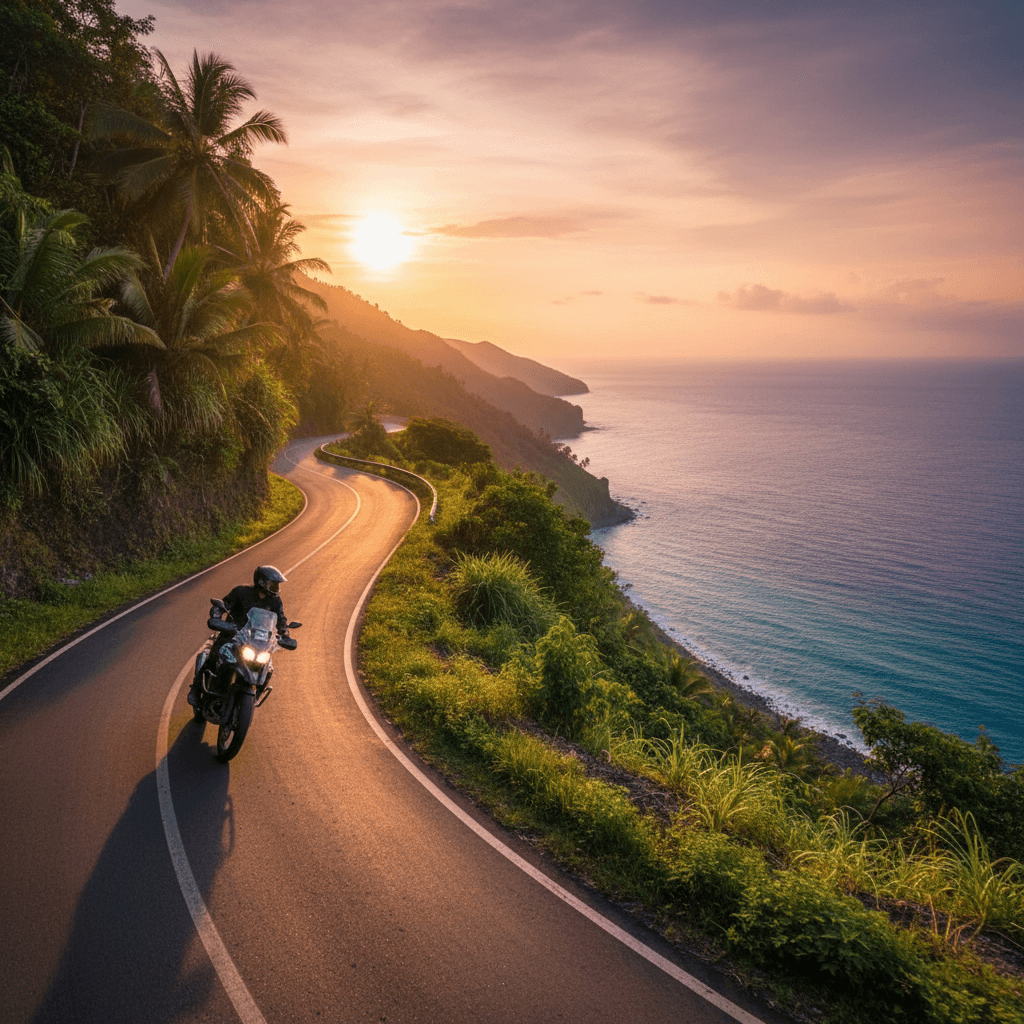 Motorcyclist riding along coastal mountain road in Papua with ocean in background