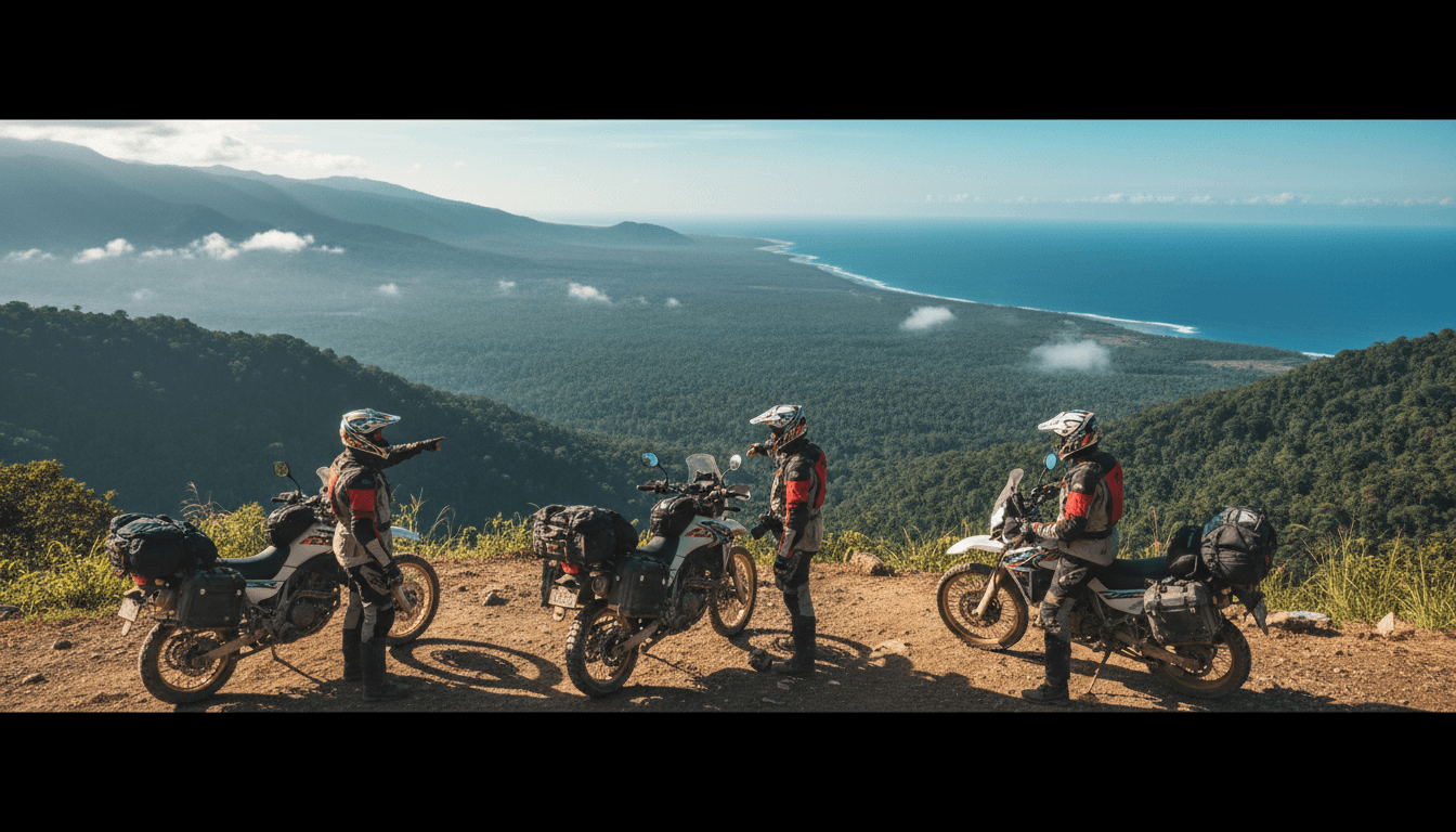 Three adventure riders overlooking expansive Indonesian landscape