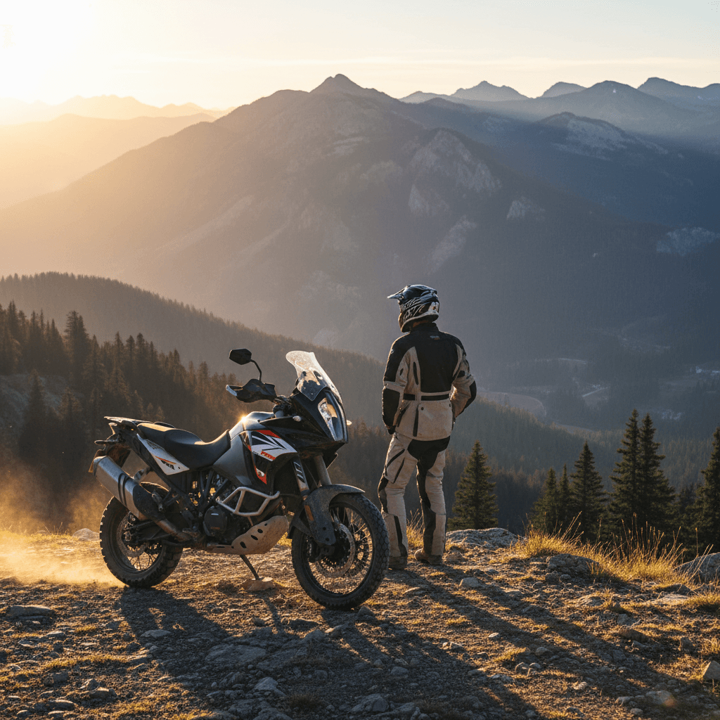 Rider and motorcycle overlooking vast mountain valley landscape
