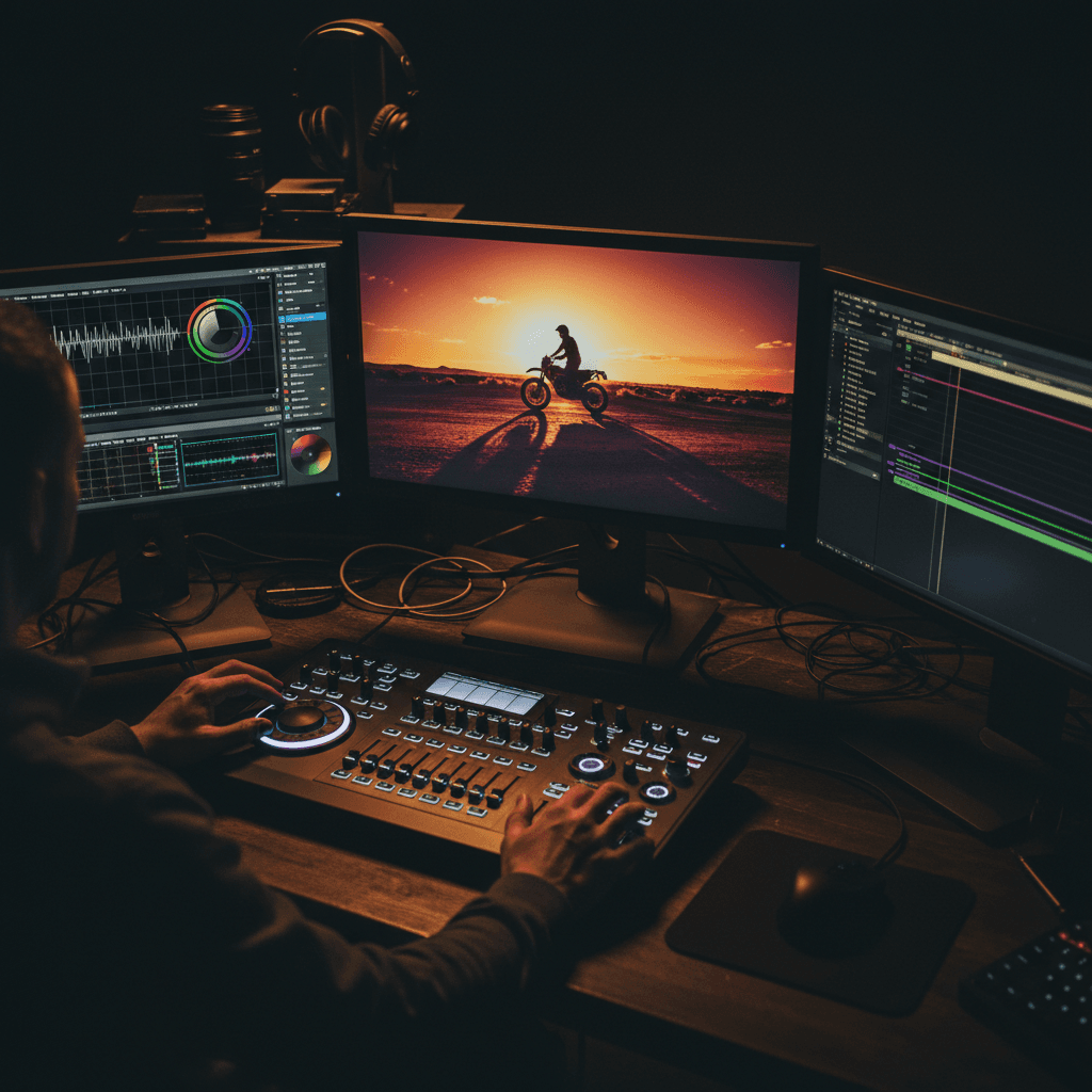 Professional video editor at workstation with multiple monitors showing color-graded footage