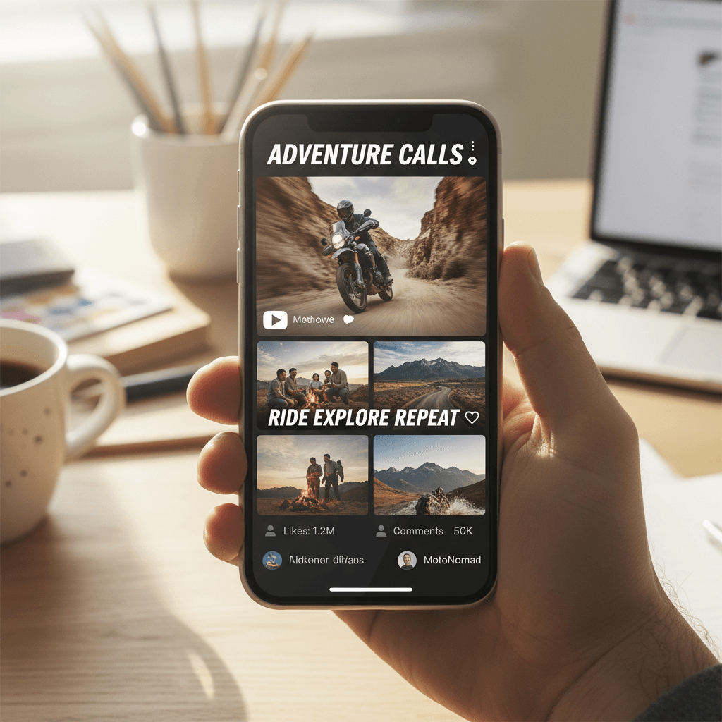 Mobile phone displaying adventure video reel content