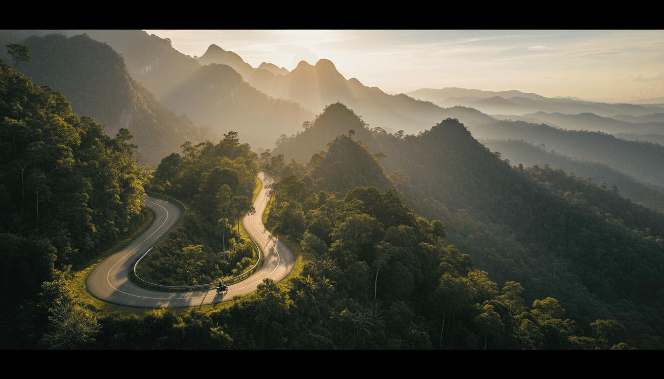 Winding mountain road through Indonesian rainforest landscape