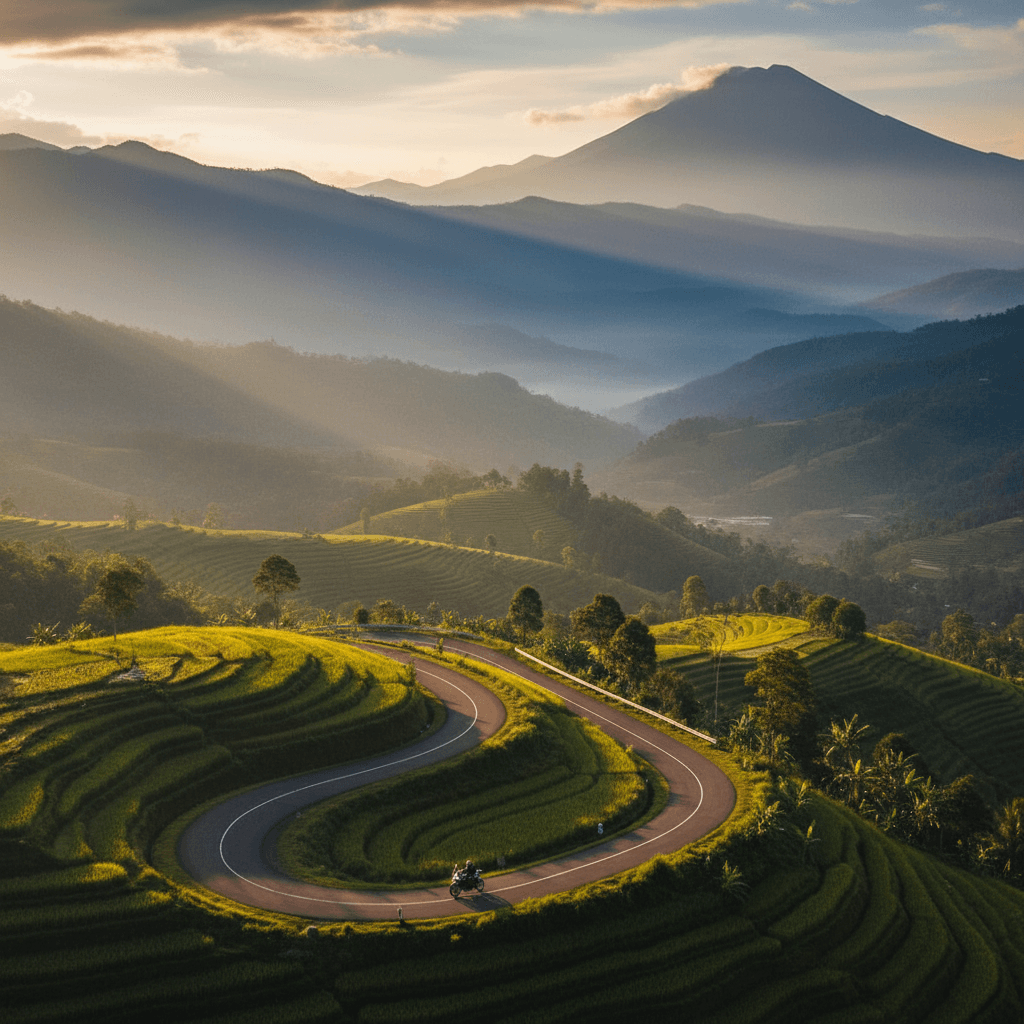 Distant motorcyclist on winding road through layered mountain landscape