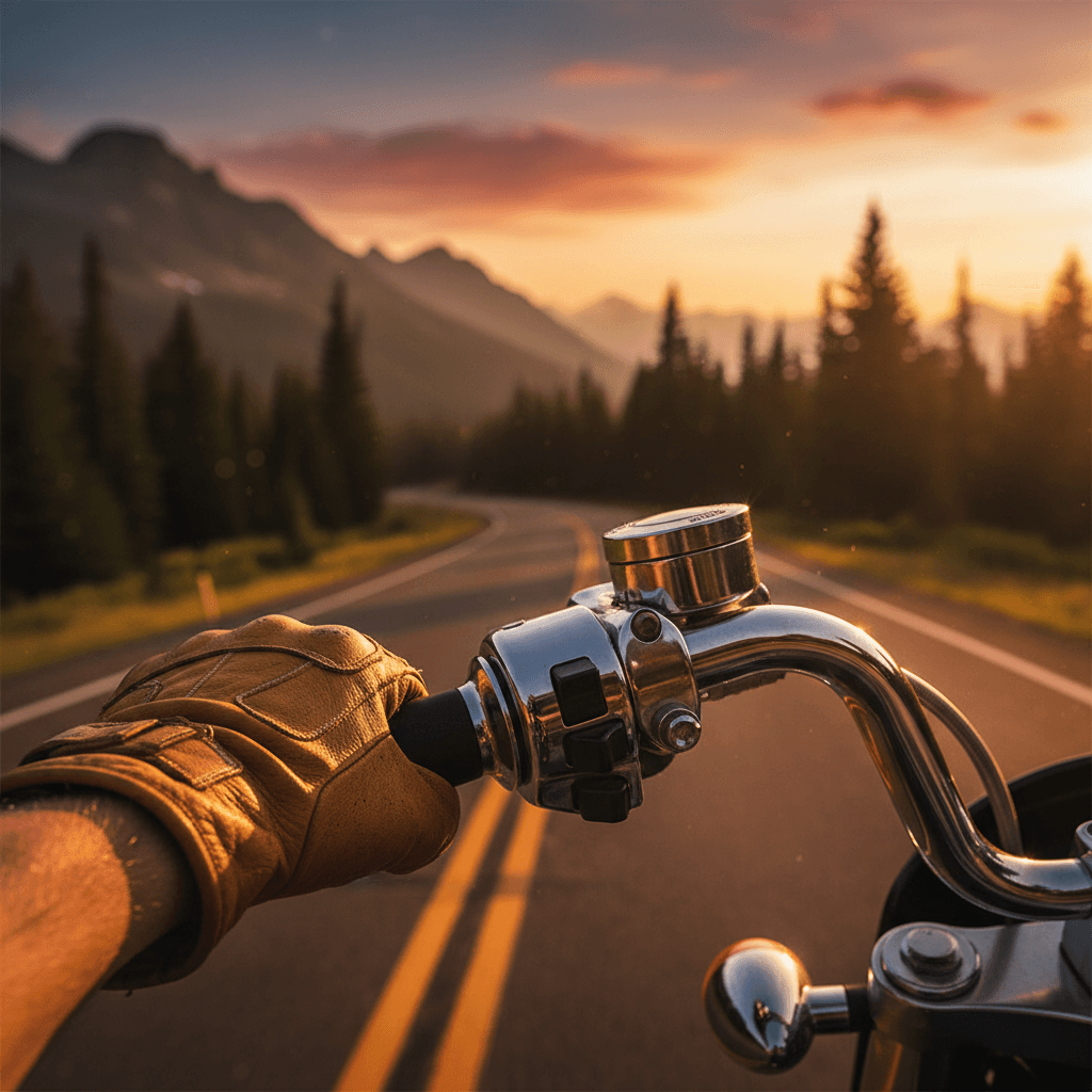 Motorcycle rider's hands on handlebar during golden hour ride