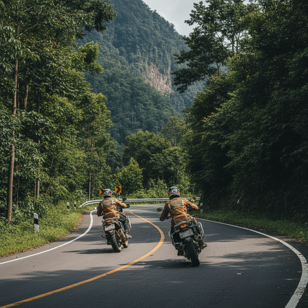 Motorcycles riding together on mountain road