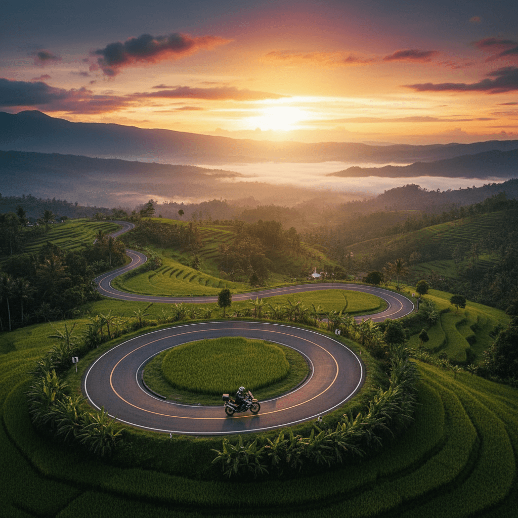 Aerial view of motorcyclist on winding mountain road through Indonesian landscape