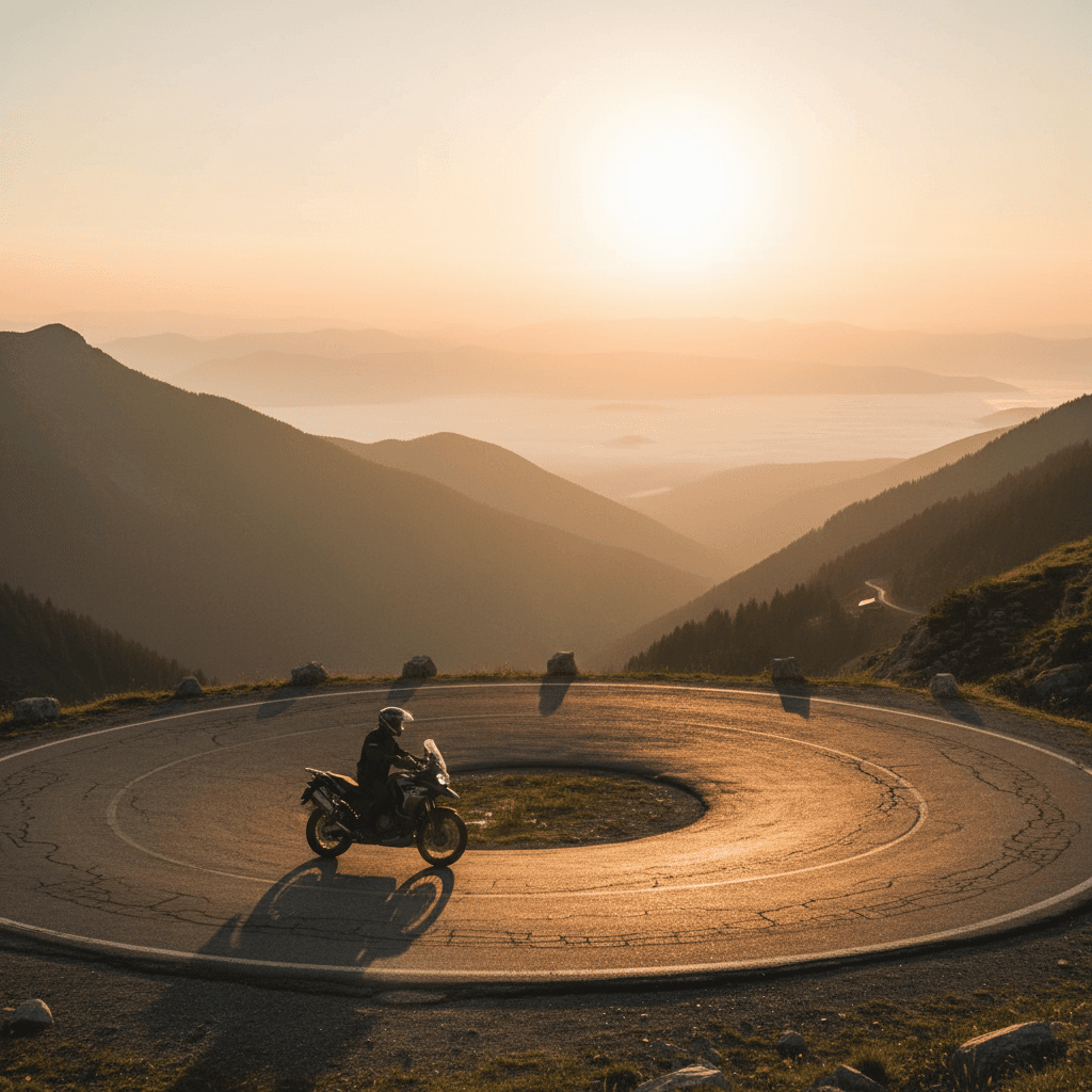 Motorcyclist riding through mountain pass at sunset