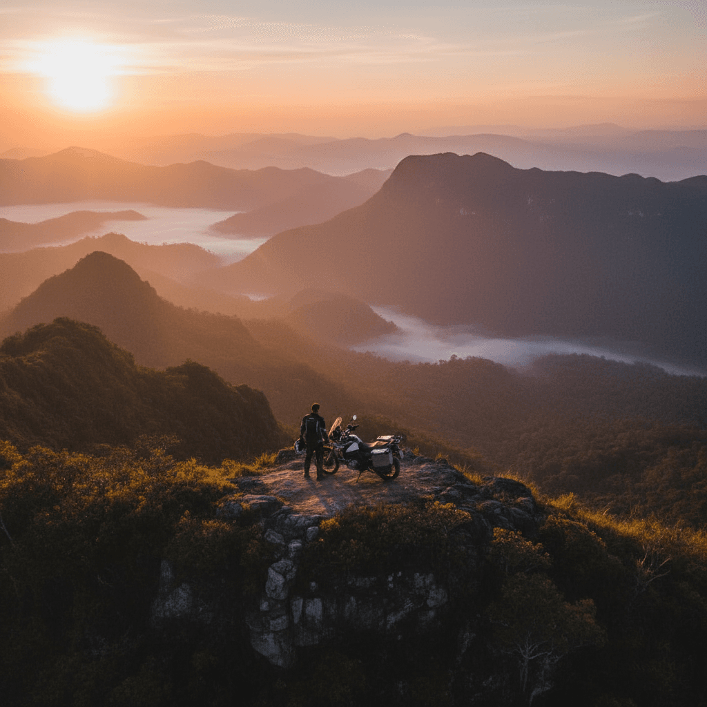 Rider overlooking mountain valley at sunset