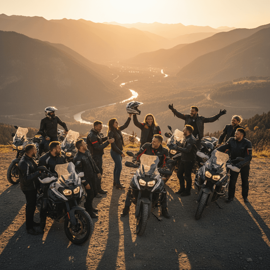 Group of riders celebrating at scenic mountain overlook