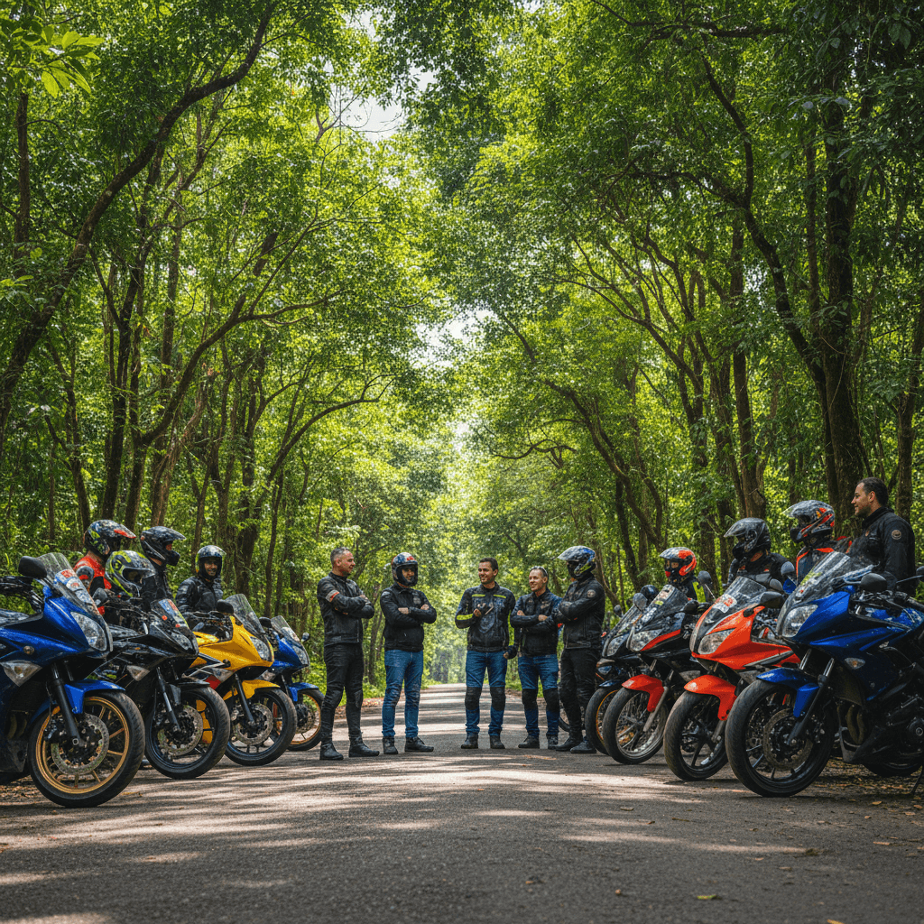 Group of riders gathered on tropical road, bikes lined up
