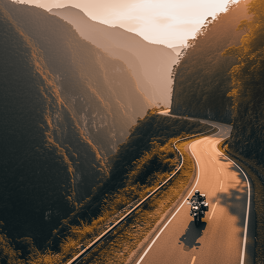 Motorcycle rider on mountain pass in Papua