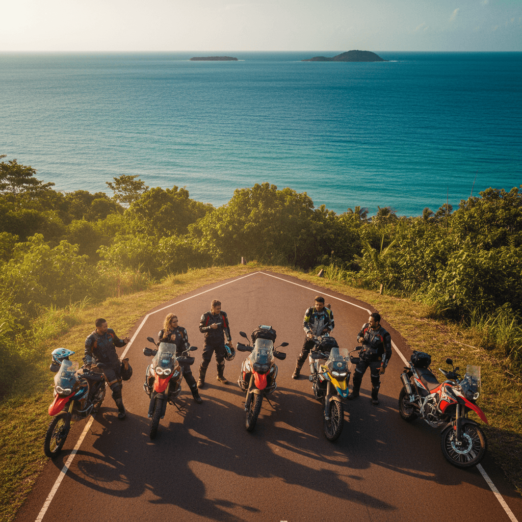 Group of motorcycles lined up on coastal road with ocean view