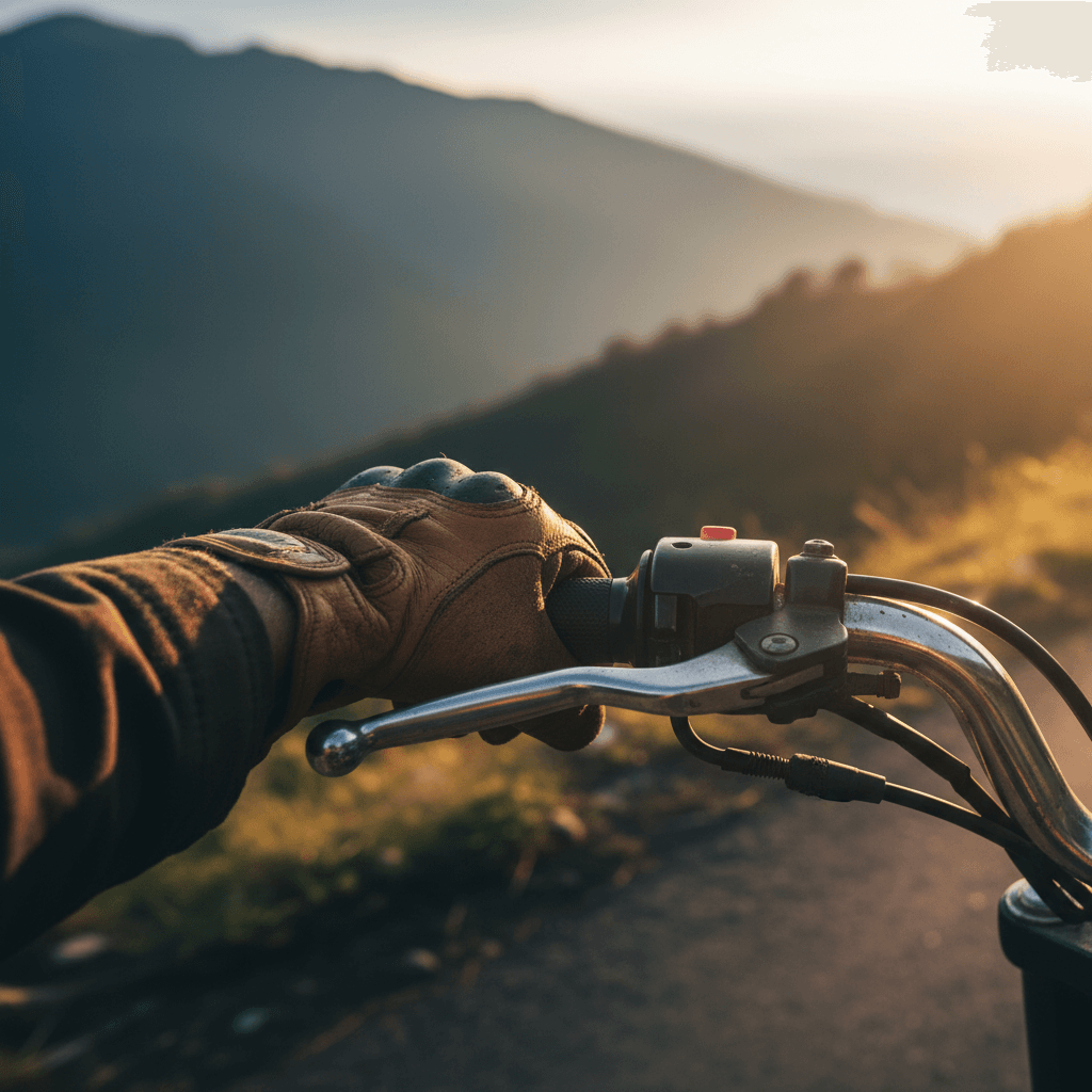 Motorcycle rider's hand on handlebar on mountain pass
