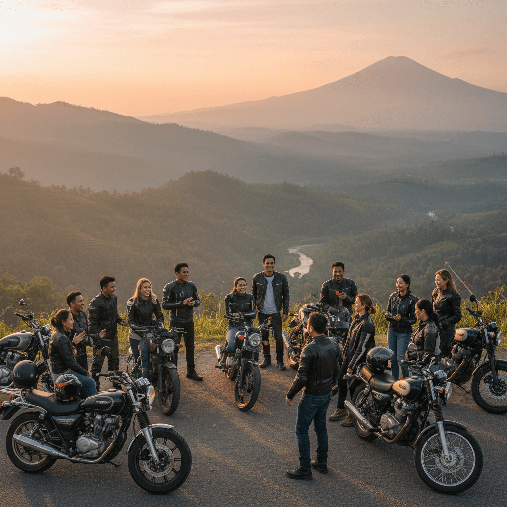 Group of riders gathered on scenic mountain overlook