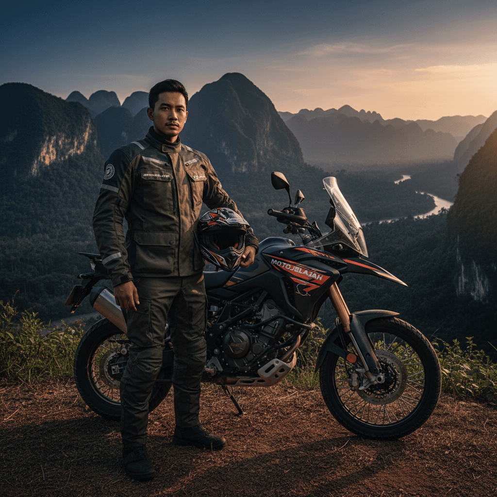 Rider wearing Motojelajah branded apparel with motorcycle