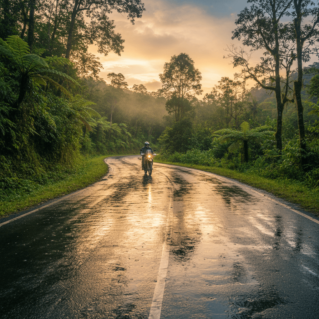 Motorcycle on wet mountain road through Indonesian forest