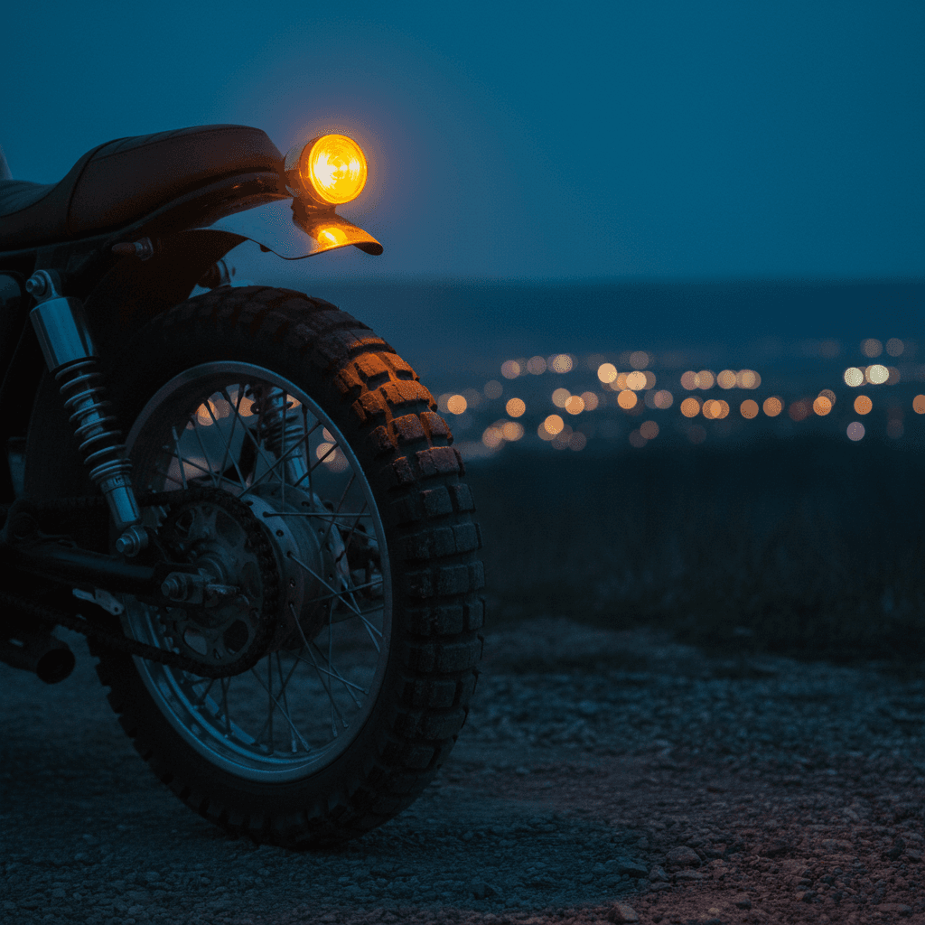 Detail shot of motorcycle taillight and wheel during evening