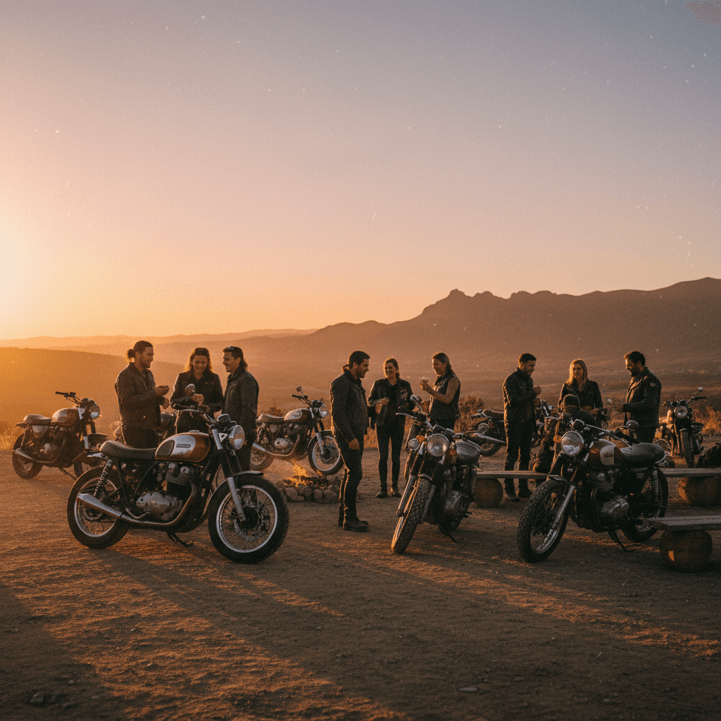 Riders gathering at sunset community event