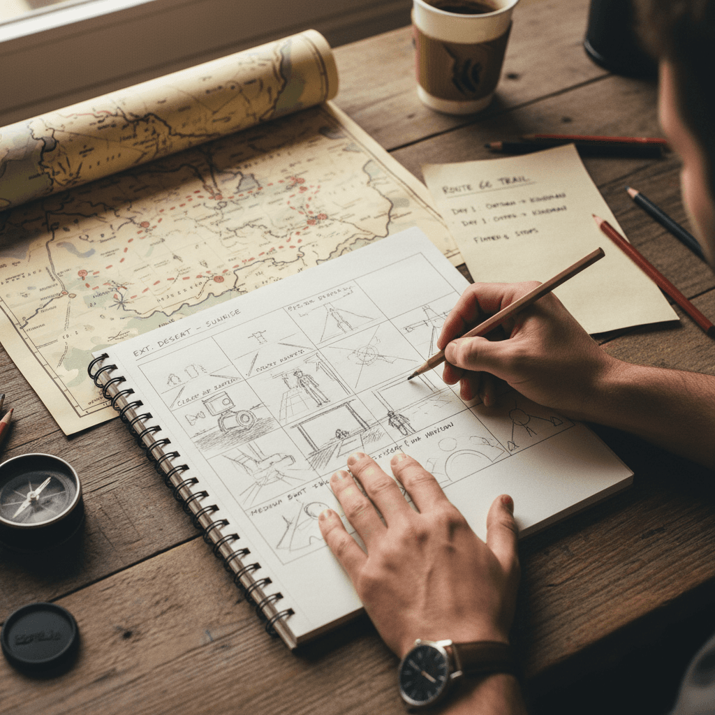 Filmmaker sketching storyboard and planning narrative