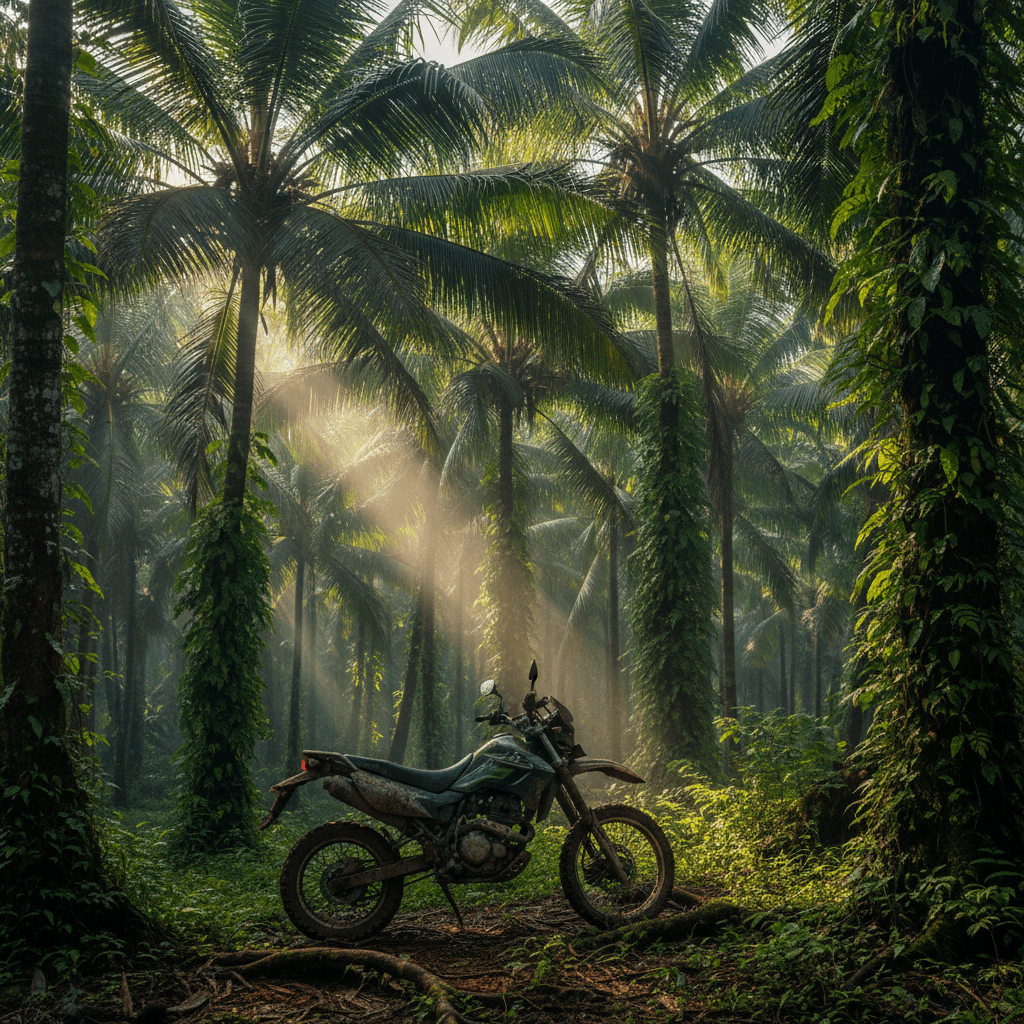 Motorcycle parked in tropical forest landscape