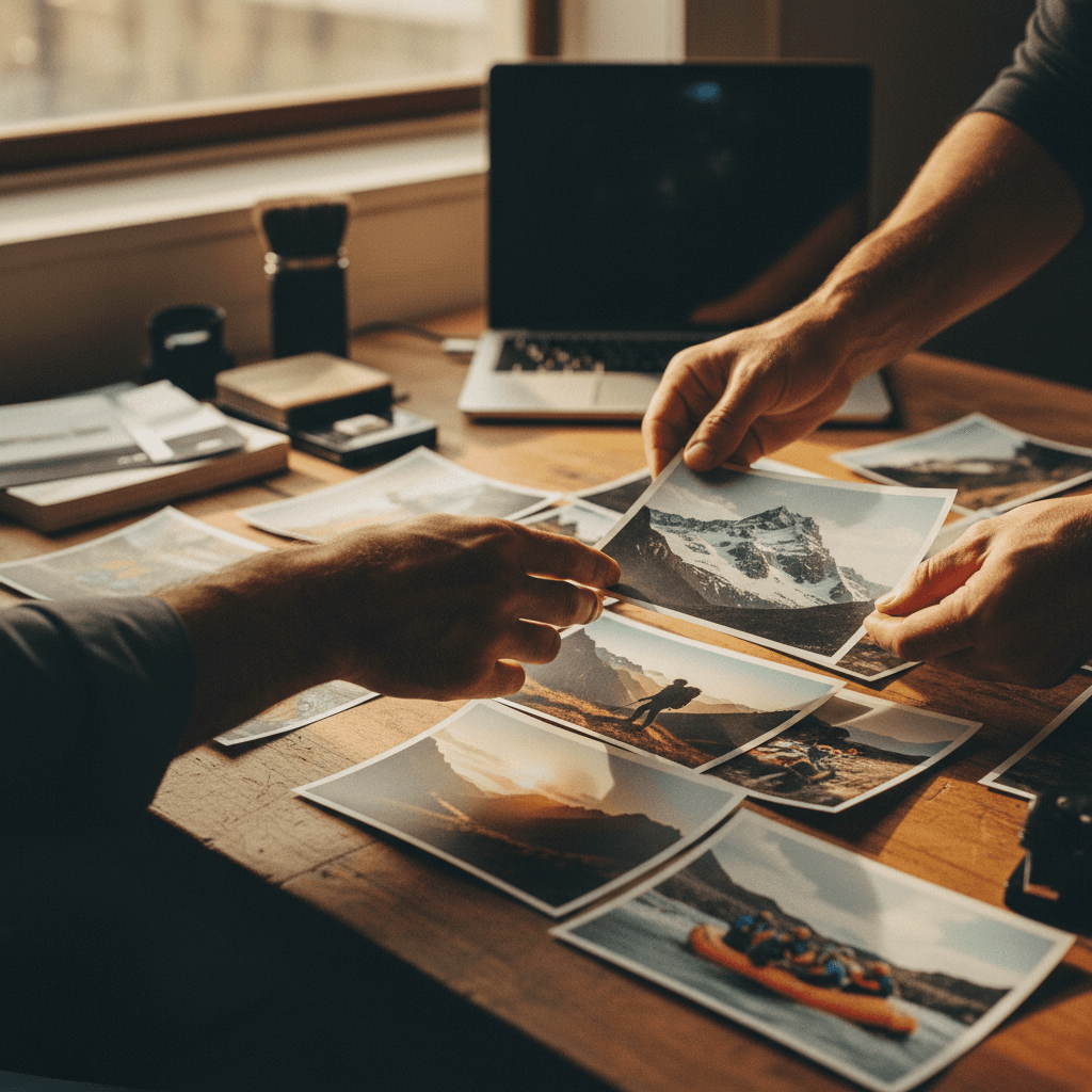 Photographer reviewing printed adventure photos at workspace