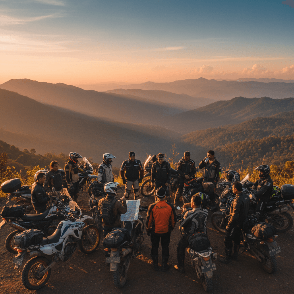 Group of riders gathered at scenic overlook during tour