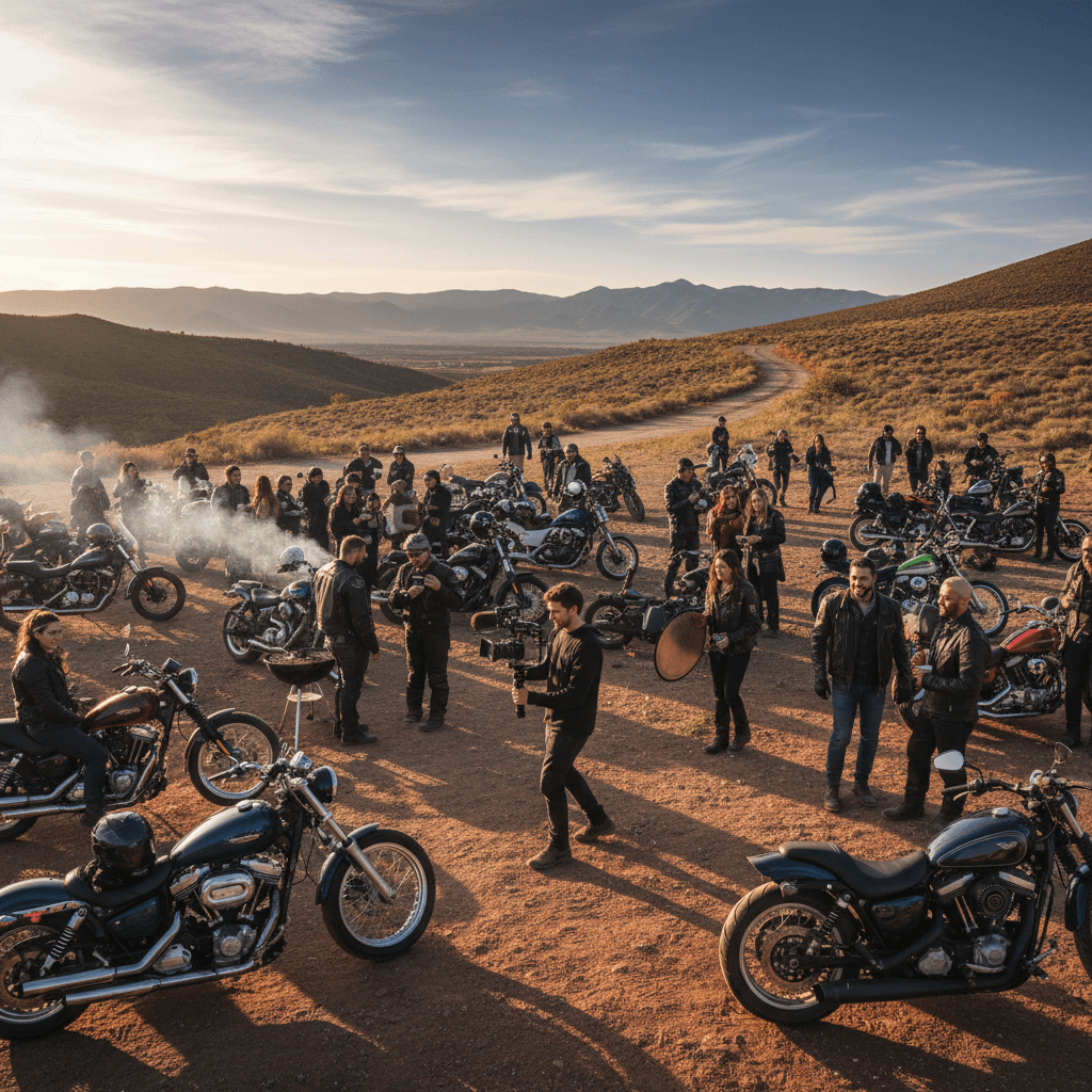 Motorcycle riders gathering for group photo at touring event during golden hour