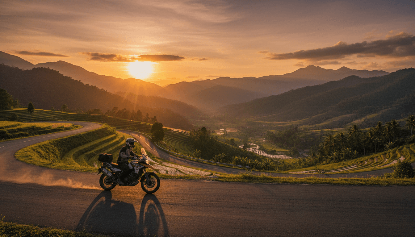 Motorcyclist riding through Indonesian mountains at golden hour