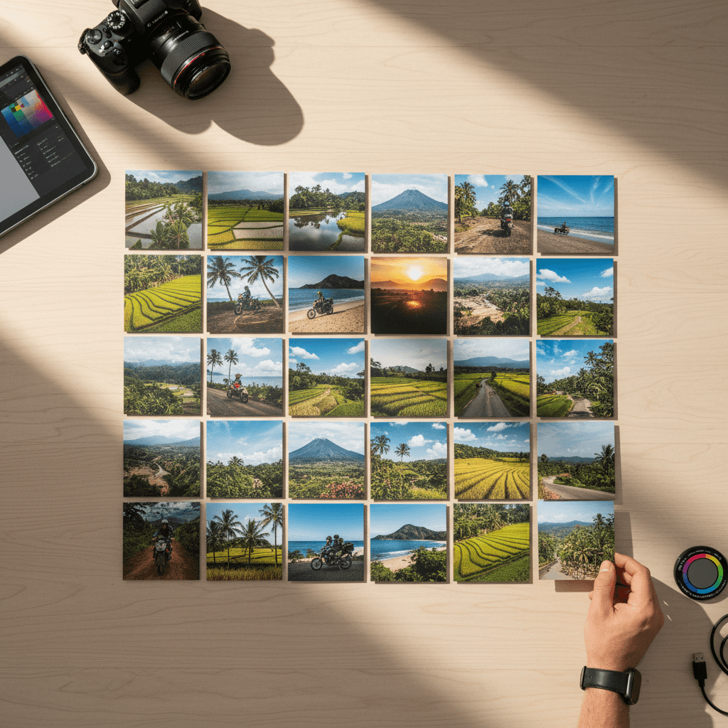 Curated adventure photographs on wooden workspace