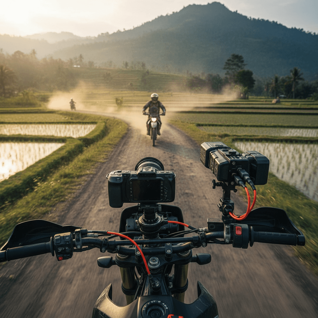 Camera capturing motorcycle rider on adventure road
