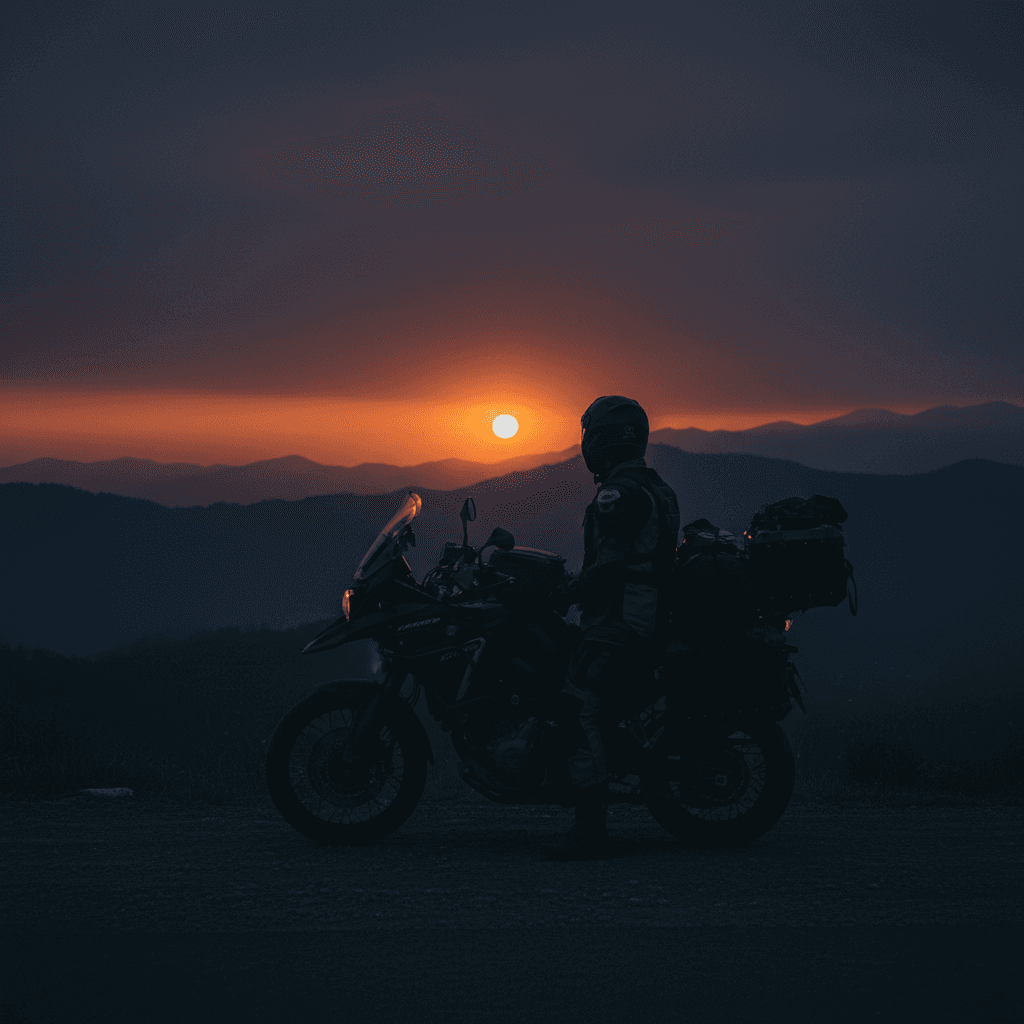 Motorcycle silhouette at sunset overlooking mountain landscape