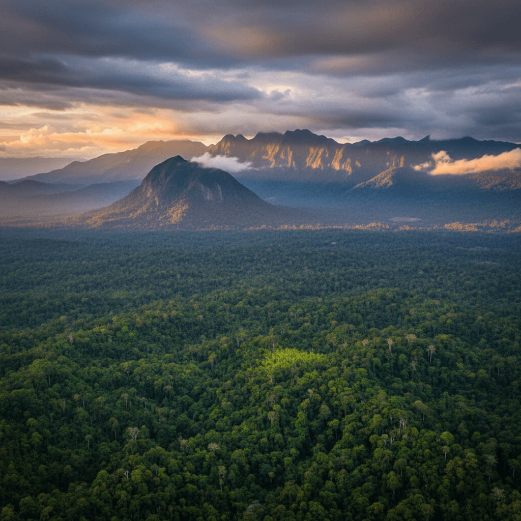 Expansive rainforest and mountain landscape vista