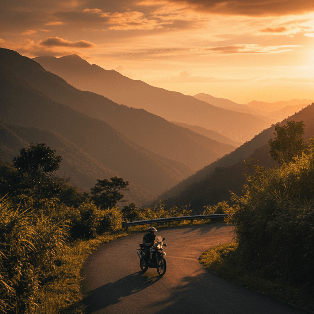 Motorcycle rider on mountain road at sunset in Papua