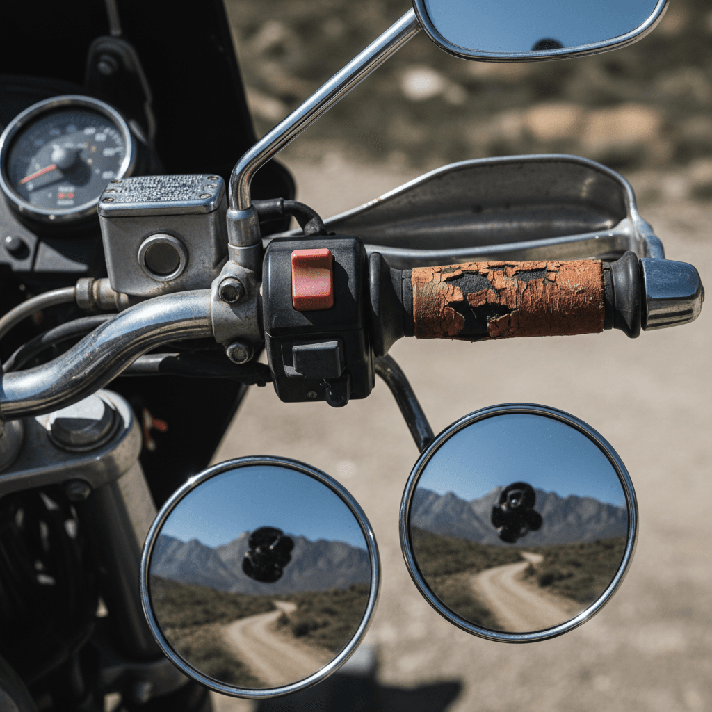 Detailed close-up of motorcycle hardware and components