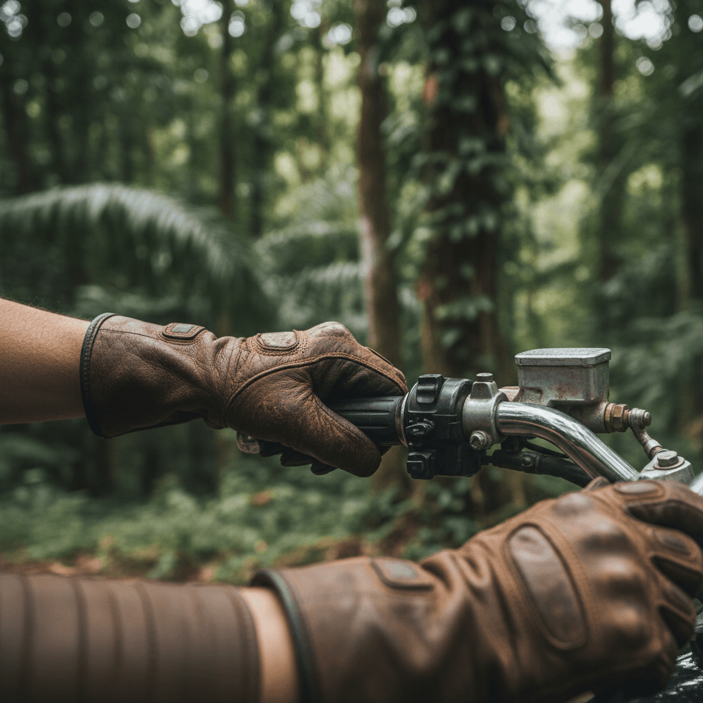 Close-up of rider's hands adjusting motorcycle during journey