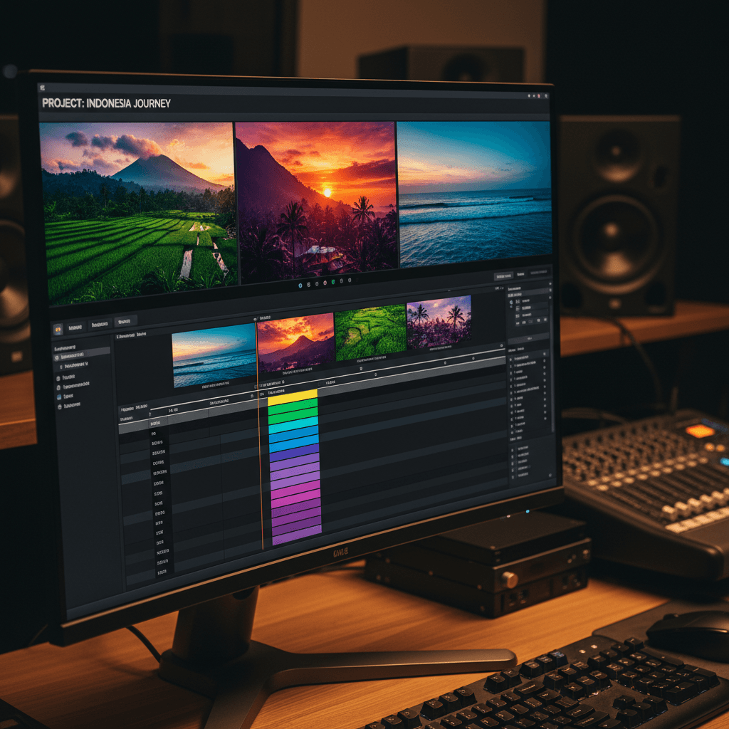 Video editing timeline with color grading on monitor