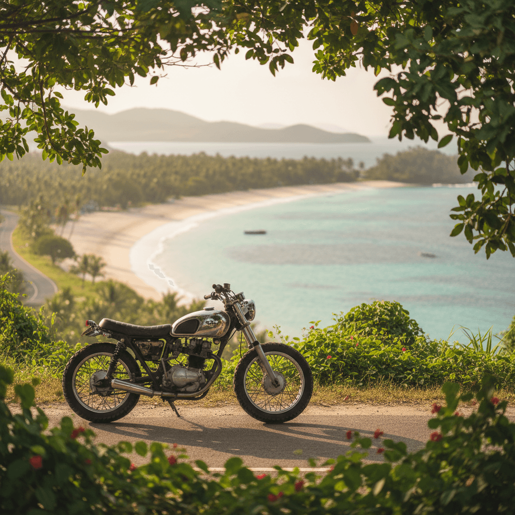 Motorcycle parked on coastal road with turquoise water